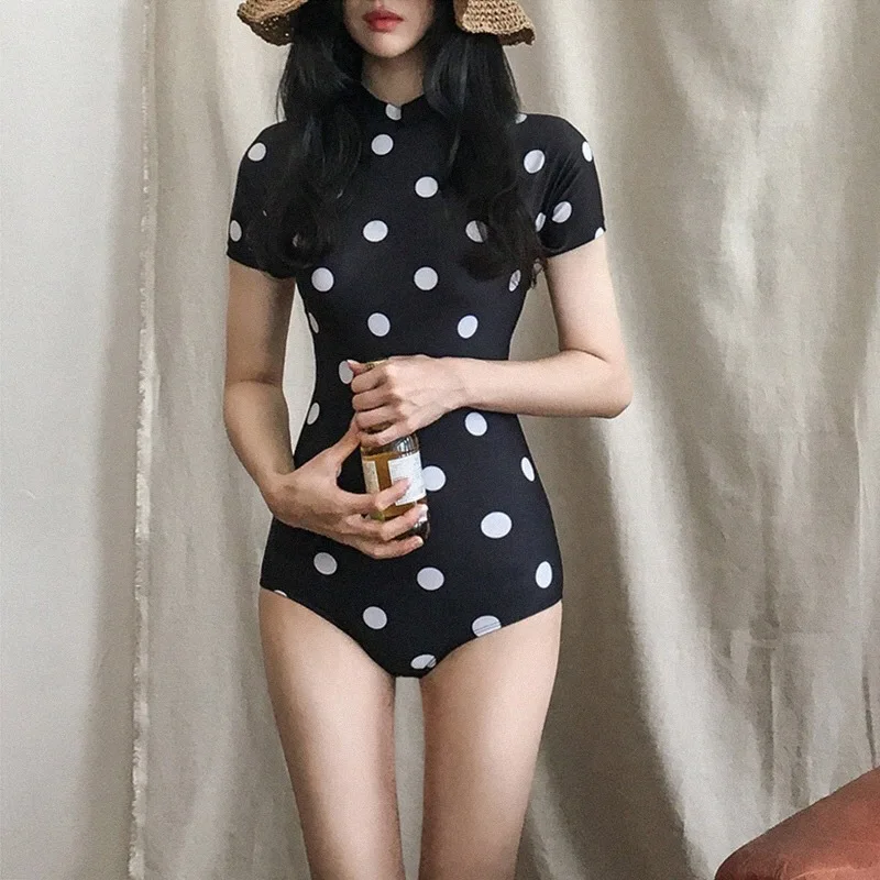 

Slim Dot Printing One Piece Swimsuit On Sale Short Shoulder Modest Swimwear Push Up Beach Zipper Shaping Swimming Suit For Women