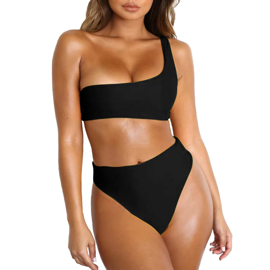 

BINAND One Shoulder Bikini Set Swimsuit Women Bathing Suit Solid High Waist Wire Free Swimming Suit Female Beach Two Pieces
