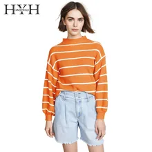HYH HAOYIHUI Youth Vitality Yellow Tops Stripe Half Collar Bishop Sleeve Easy Sweater Women  New Arrival Streetwear
