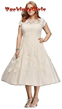 

Plus Size Oleg Cassini Cap Sleeve Tea Length Wedding Dress Style 2019
