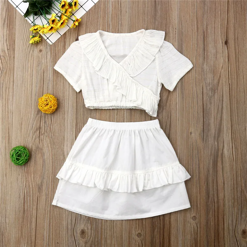 de ropa en blanco suave, camisetas de 2 uds volantes, top corto + faldas para niñas, conjunto de vestidos de princesa con volantes, trajes para niños pequeños _ - Mobile