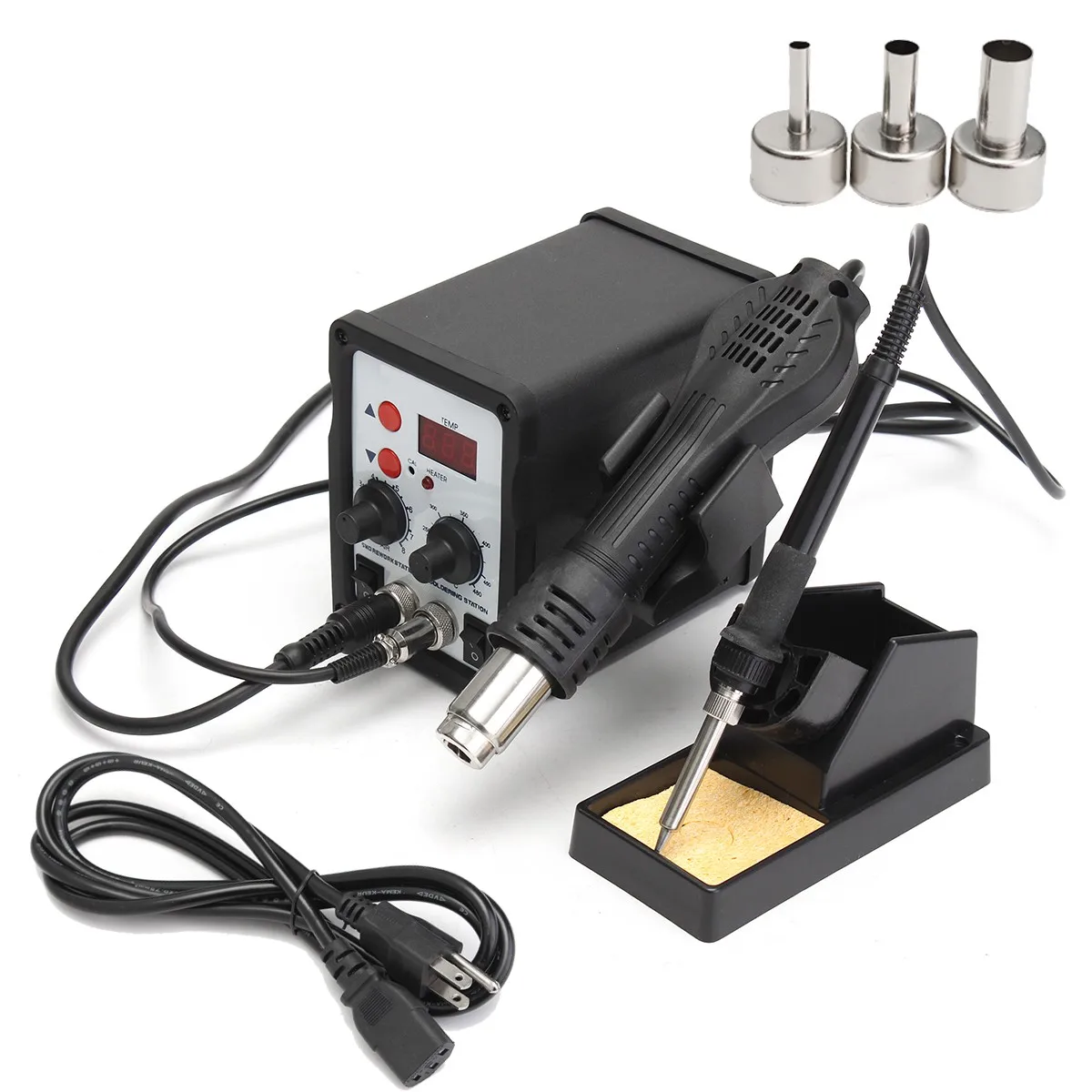 

2 in 1 Desoldering Repair Rework Station 858D with hot air guns 3 Nozzles Digital Soldering Station Desoldering Iron Tool