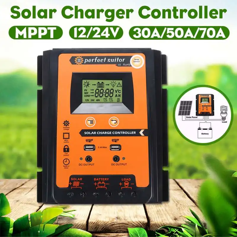 

30/50/70A MPPT Solar Charge Controller Dual USB LCD Display 12V 24V Auto Solar Cell Panel Charger Regulator with Load