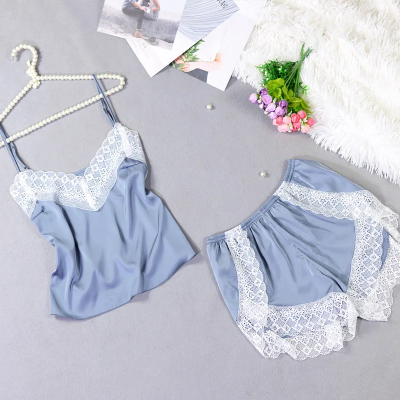 

Modis Sexy Mujer Nighty For Women Deep V Solid Silky Lace Saten Pijama 2 Piece Sling+shorts Sleepwear Femme Pajamas Nightwear