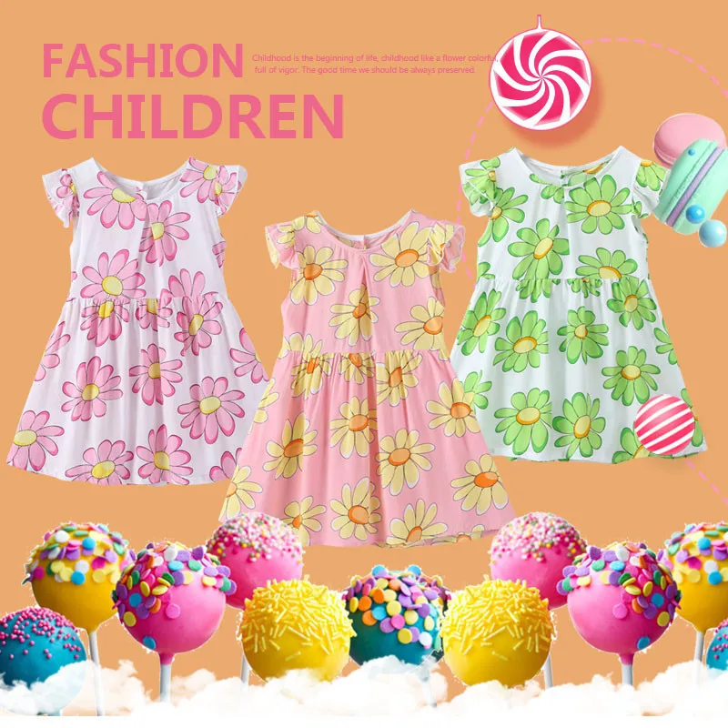 

Children Dresses Kids Girl Flying Sleeve Flower Print Cotton And Linen Floral Dress Baby Girl Spring Summer Dresses