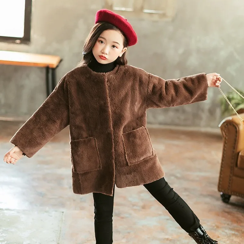 

Teenage Girls Winter Coats With Fur 2018 New Long Little Children's Faux Fur Outwear Long Sleeve Autumn Coat For Girls Clothing