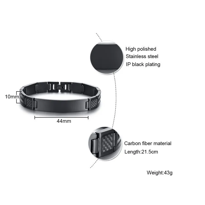 Stylish Carbon Fiber Mens Bracelets Free Engraving ID Tag Link Chain pulseira masculina 8.46" stainless steel bracelet
