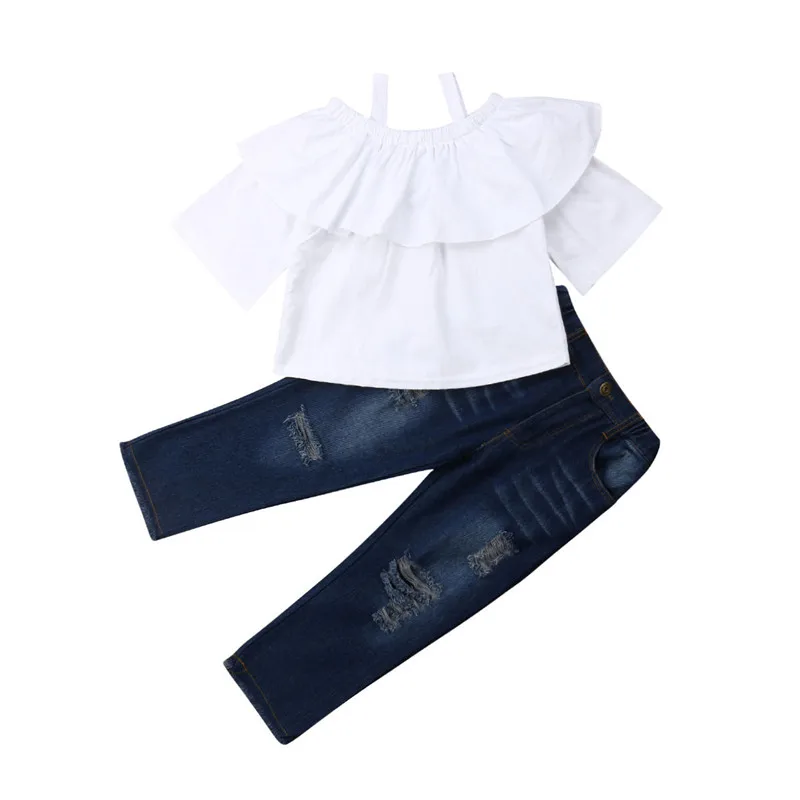 

Summer Baby Clothing Set for Girls Tracksuit Kids Clothes White Blouse +Denim Long Pants 2PCS Set Children Girls Casual Suinsuit