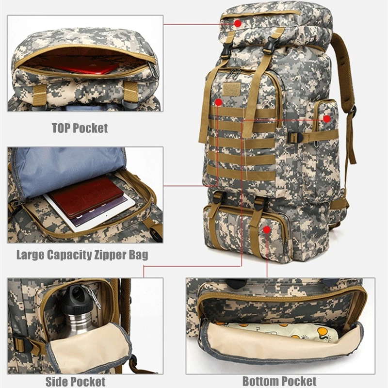 80L Waterproof Molle Camo Tactical Backpack Military Army Hiking Camping Backpack Travel Rucksack O