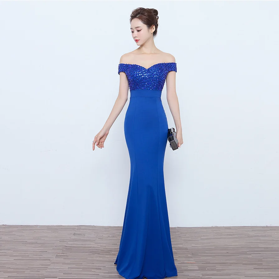 

Popodion Off the Shoulder Evening Dress Long Evening Gown Party Dress Beading N1025