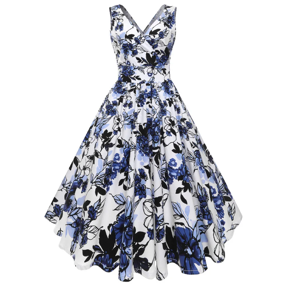 

Joineles V Neck Sleeveless Women Retro Dress Floral Print Summer Vintage Dress Cotton High Waist 60s Rockabily Vestidos Femme