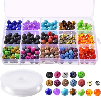 

388 Pieces Colorful Chakra Beads Lava Rock Stone Volcanic with Storage Box and Elastic Crystal String for Bracelet Ne