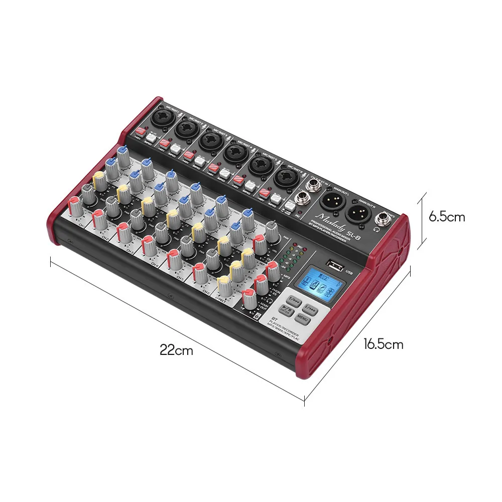 Muslady SL-8 Портативный 8-канальный смешивания консольный микшер 2-полосным эквалайзером встроенный 48V Phantom Мощность поддерживает подключения BT USB MP3 плеер