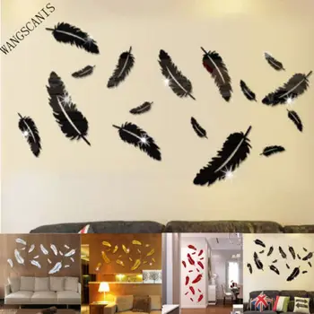 

3D Mirror Surface Feather Decal Wall Stickers DIY Removable Art Mural Home Room Decor 8pieces One Set Gold Silver Red Black