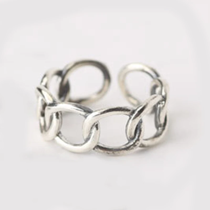 

S925 Silver New Simple Rough Elliptic Chain Ancient Open Ring Smooth Surface Hollow-out Woven Lady's Adjustable Single Ring