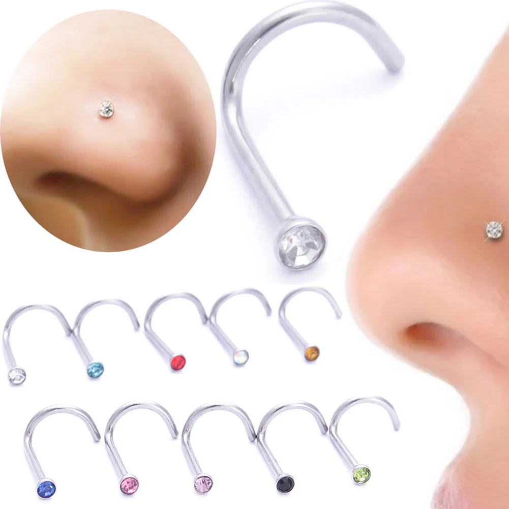 

2Pcs Nose Rings & Studs 2019 New Fashion Surgical Steel Small Gem Crystal Screw Nose Stud Nose Ring Charms Lady Hoop Piercing
