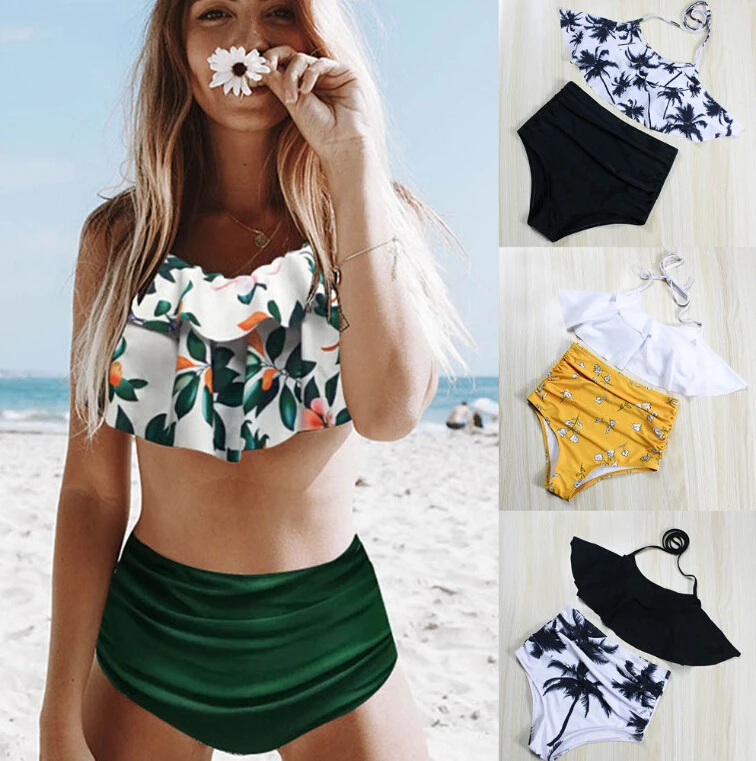 

Bikini Set Women's Padded Halter Ruffles Monokini Swimwear Push-up Bra High Waist Print Swimsuit Beachwear Bathing Suit 2pcs
