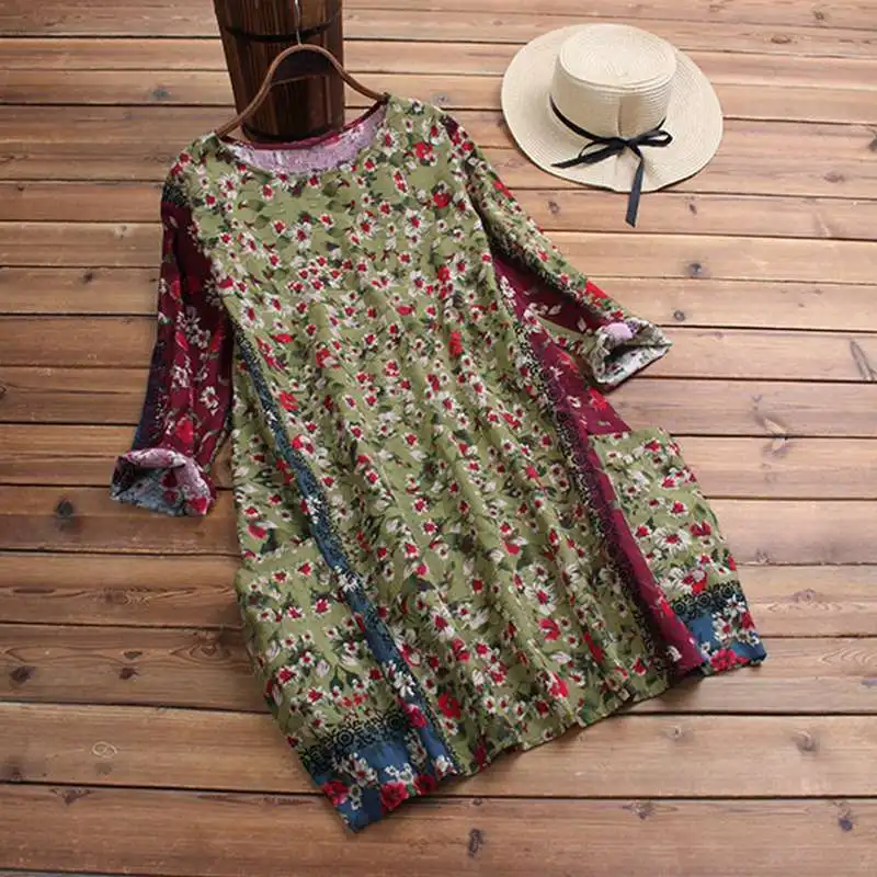 

Vintage Women Linen Mini Dresses Kaftan Floral Print Summer Party Dress 2019Female Patchwork Vestidos Femme Casual Baggy Robe