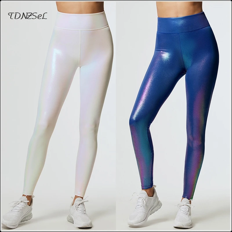 

Summer Sexy Women Stretch Shiny Leggings Workout Fluorescent High Waist Skinny Pants Jogger Sport Glossy Elastic Slim Trousers