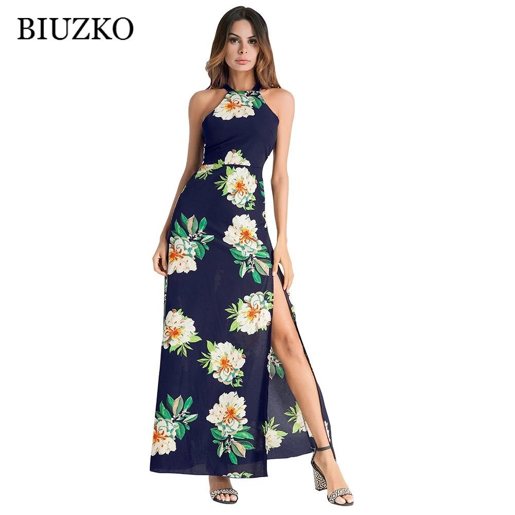 

Casual Print Backless A-Line Dress Women Sleeveless O Neck Beach Women Dresses Flower Ankle-Length Women Clothes 2018