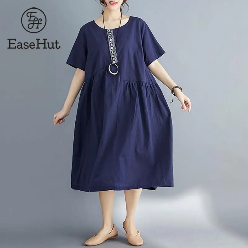

EaseHut Ethnic Embroidery Summer Dress 2019 Mori Girl Casual Loose Women Cotton Linen Dress Solid Short Sleeve Boho Midi Dress