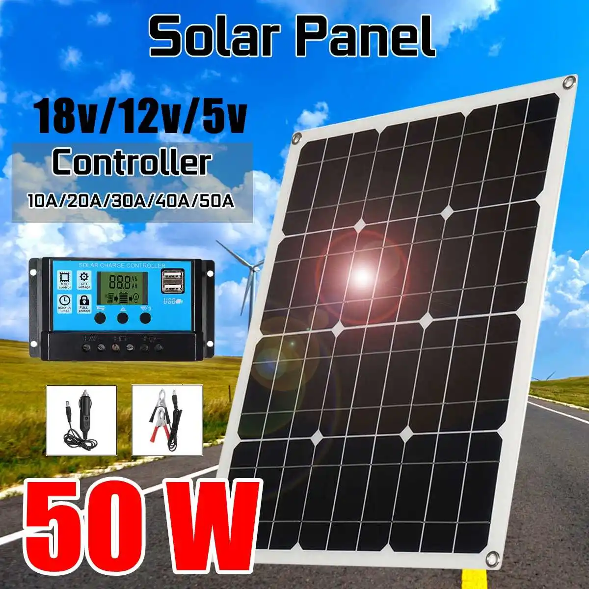 

50W 2 USB Solar Panel Solar Cell module + 10/20/30/40/50A Controller for Car Yacht Led Light 12V Battery Boat Outdoor Charger