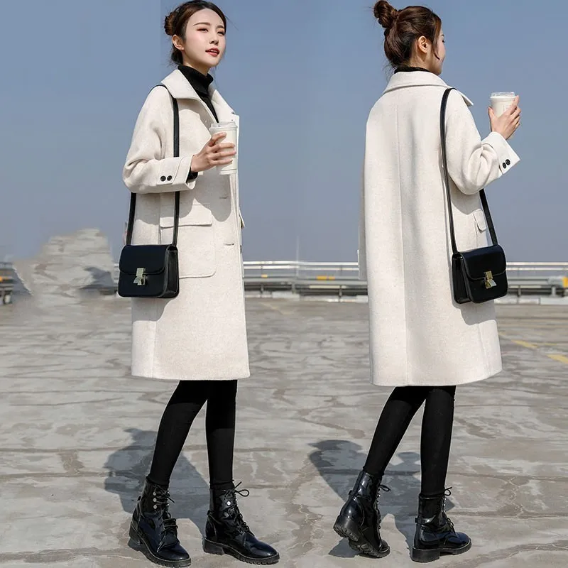 

2019 Autumn Woolen Coat Women Long Sleeves S Black Green Lapel Slim Woolen Jacket Winter Elegant Casual Long Female Coat W031