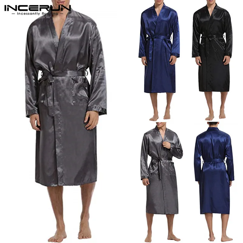 

Fashion Kimono Mens Robe Long Sleeve Silk Satin Long Bathrobe Lightweight Sleepwear Belt Solid Dressing Gown Pajamas Male Robe