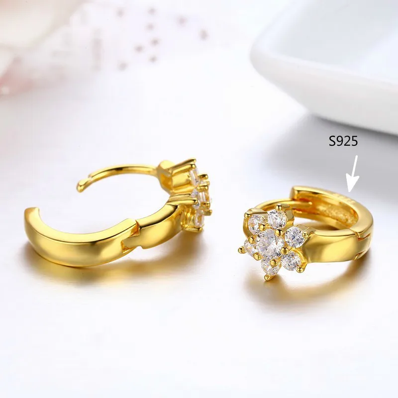 Cute 925 Sterling Silver Gold Color Flower Circle Small Loop Huggie Hoop Earrings For Women Jewelry Kids Baby Girls Arose Argola