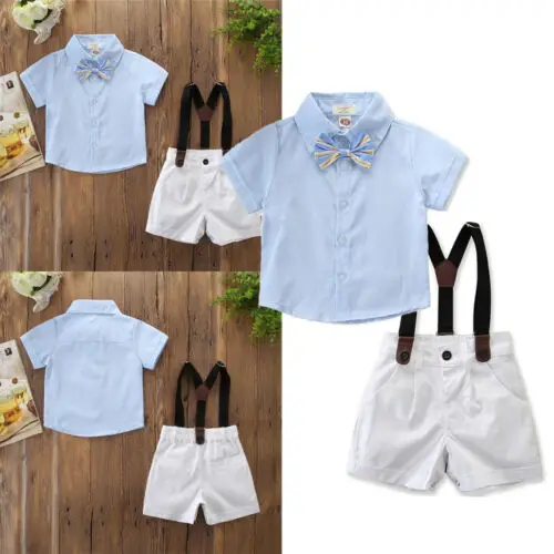 

Summer cute blue bow tie shirt strap shorts children's clothing boy clothing