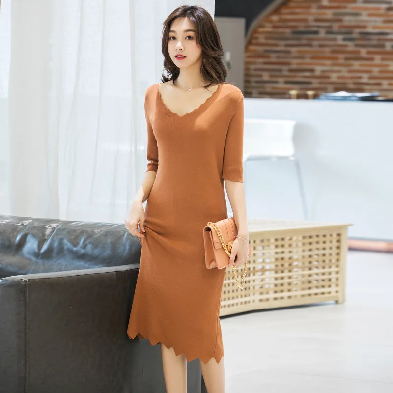 

Summer Dress 2019 Spring and Summer New Fairy Small Fragrance Slim Knit Long Style Over Knee Summer Dress Female