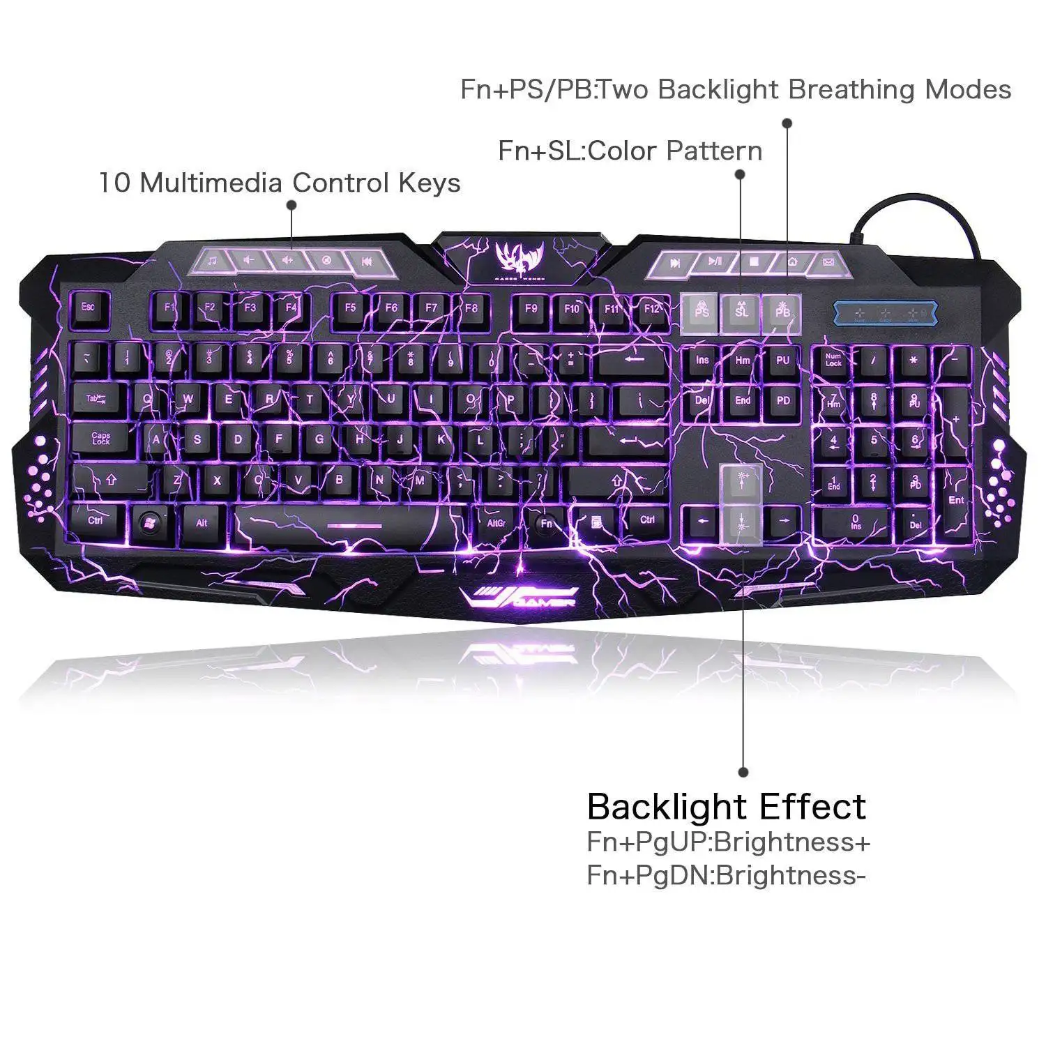 PPYY-светодиодный 3 цвета подсветки/Crackle M-200 мультимедиа эргономичная USB игровая клавиатура