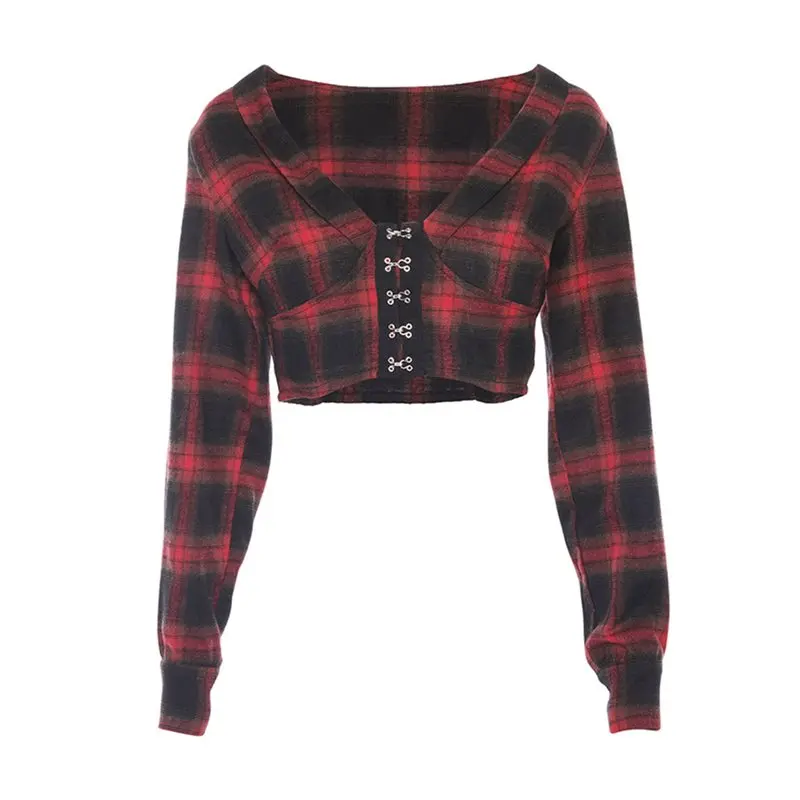 

Rosetic Women Tshirts Sexy Club Punk Dark Plaid Spring Elegant Red Gothic Slim Plaid OL Ladies Female Hip Hop Goth Retro Tops