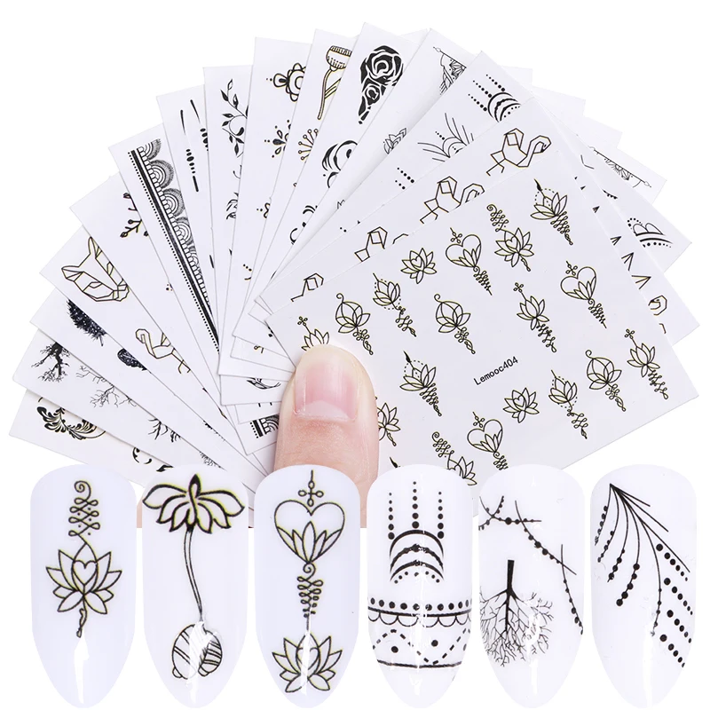 

LEMOOC 15 Sheets Black Water Transfer Nail Art Decals Feather Necklace Stickers Pattern Simple Designs DIY Nail Decorations