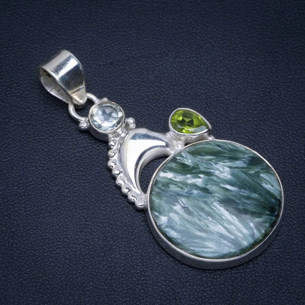 

Natural Seraphinite,Peridot and Green Amethyst Handmade Unique 925 Sterling Silver Pendant 2" A4644