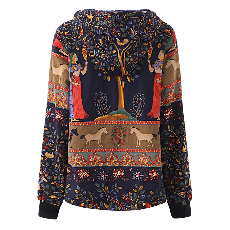 price cut  2019 Winter Women Fleece Plush Fluffy Faux Fur Floral Printed Hoodies Coats Female Long Sleeve Coat