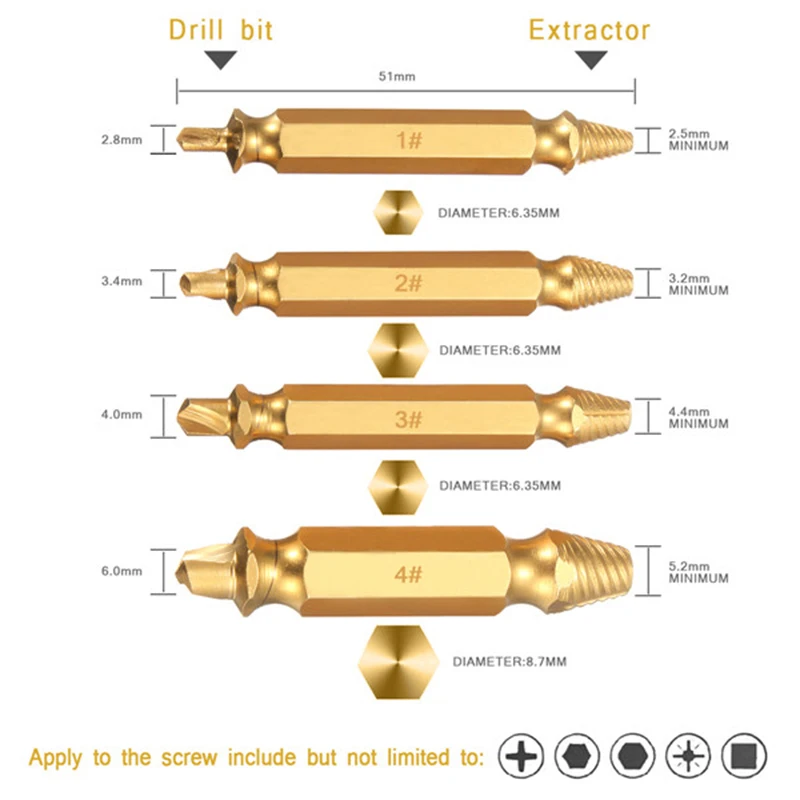 4 шт. Прочный Золотой поврежденный Винт экстрактор сверла руководство набор сломанной скорости легко из Болтовая шпилька в полоску инструмент для удаления винтов