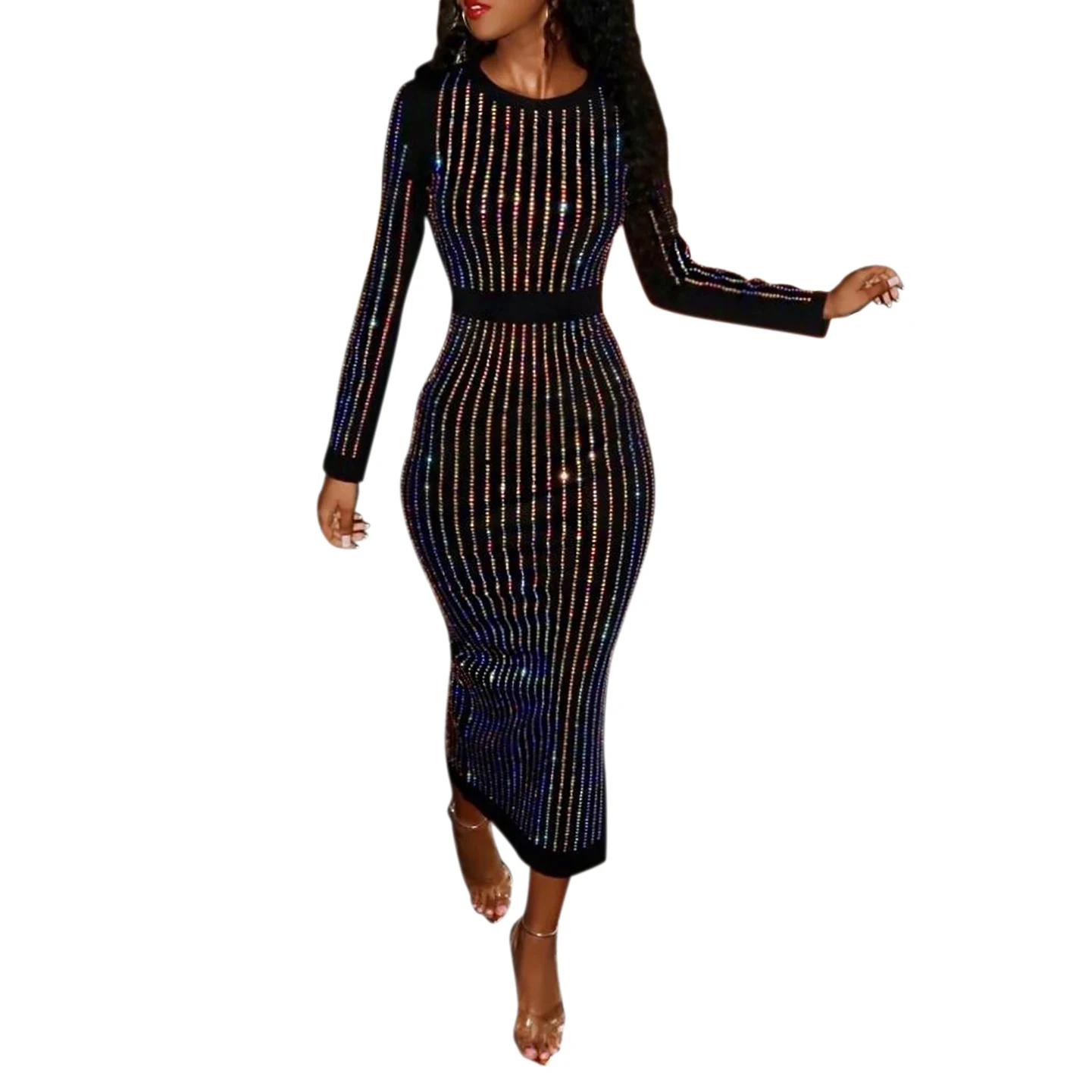 

Women'S Long Sleeve Elasticity Bodycon Dress Stripes Binding Sequin Party Elegant Slim Dress