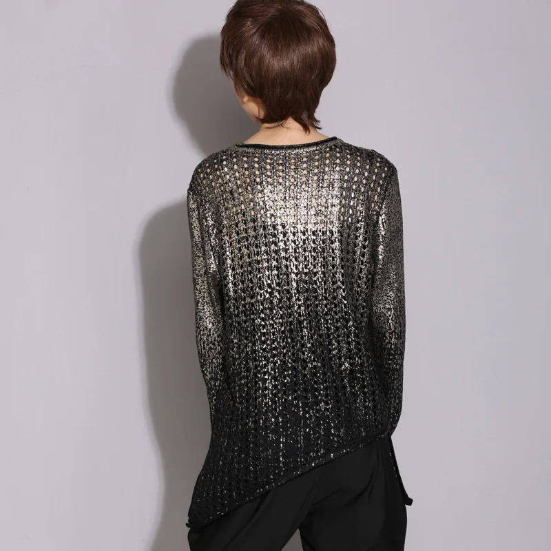 #1336 Spring Hip Hop Sweater Irregular Gold/Silver Knitted Sweaters Ladies Hollow Out Loose Pulover Womens Sweaters Asymmetrical