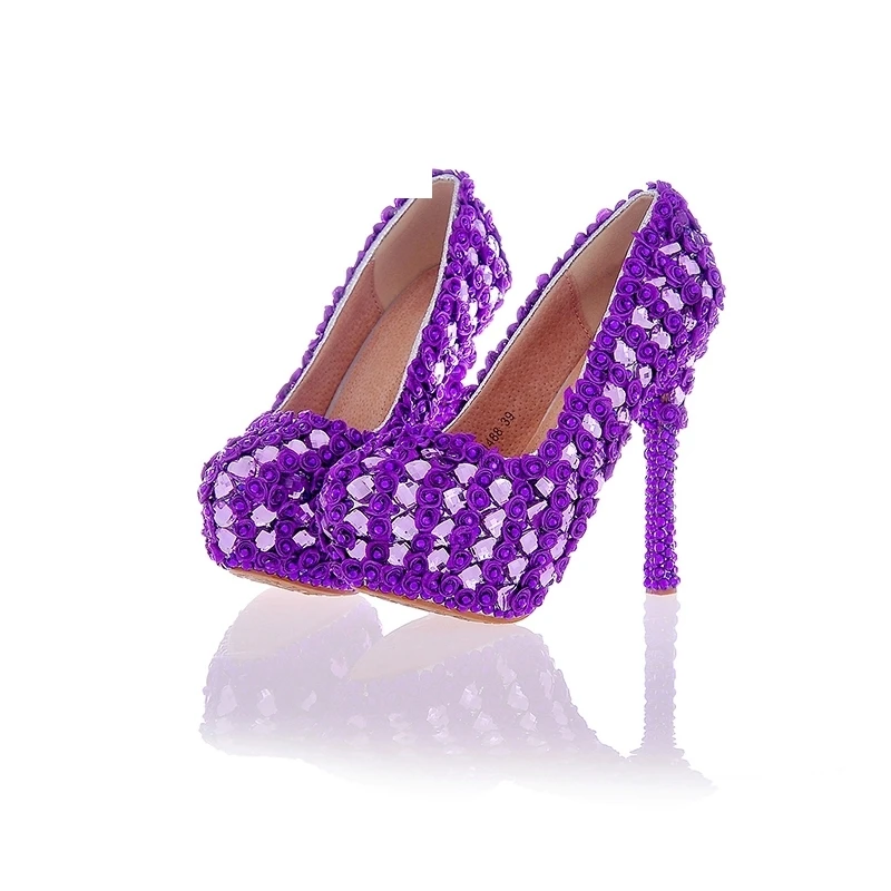 

Purple Color Wedding Party Shoes Rose Lace Flower Crystal Bridal Dress Shoes Platform High Heel Prom Stiletto Nightclub Pumps