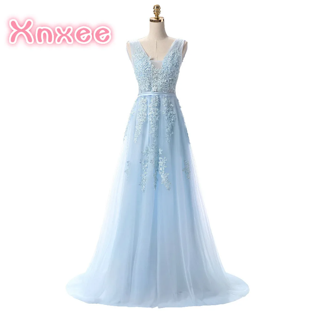 

Hot Sell Sweet Light Blue Lace V-neck Lacing Long Dress The Bride Party Sexy Backless Dresses Custom