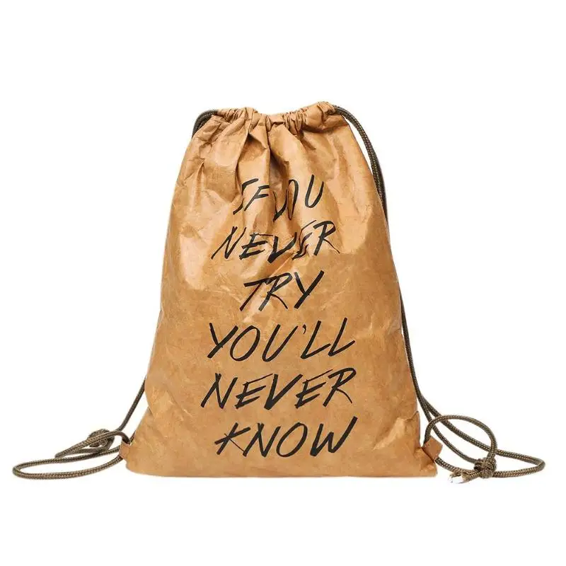 

Waterproof Women Kraft Paper Drawstring Backpack Retro Thicken Fashion Durable Riding Travelling Bags Letters Printed Mochila
