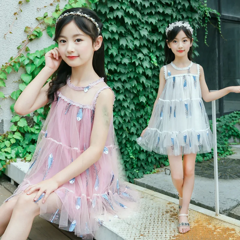 

Girls dress summer 2019 new feather mesh sleeveless children's clothing