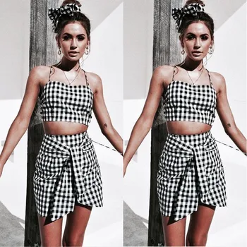 

2019 2PCS New Hot Girls Ladies Summer Women Bodycon Fashion Sleeveless Plaid Crop Top Skirt Outfits Set Dress Party Club Sunsuit