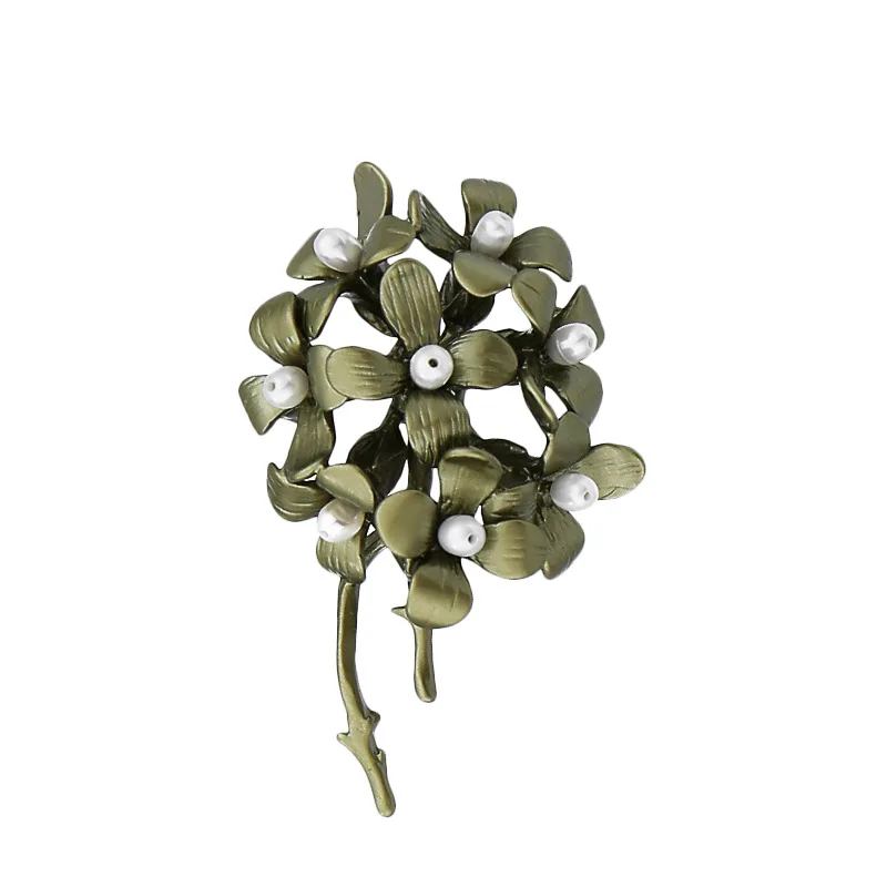 

brass natural pearls green leaves wild flowers brooches