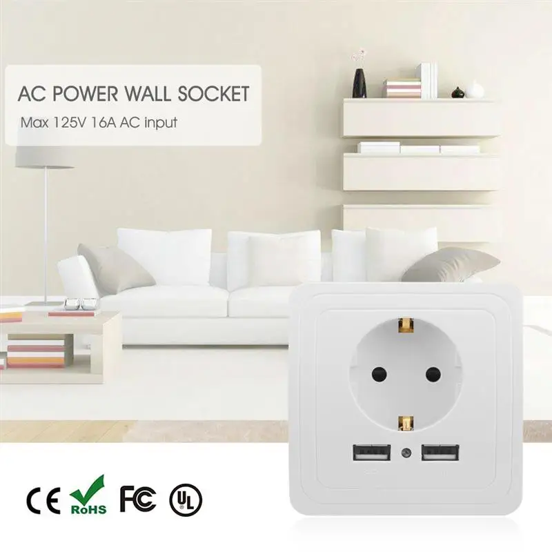 

Smart Home Best Dual USB Port 2000mA Wall Charger Adapter 16A EU Standard Electrical Plug Socket Power Outlet Panel 110~250V