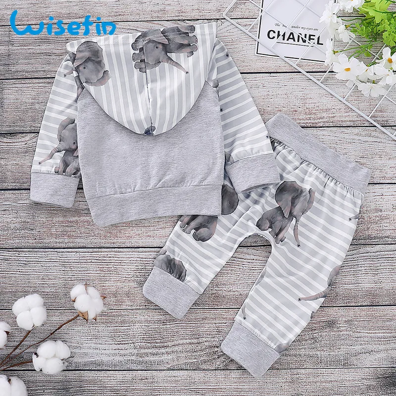 Cartoon Elephant 2Pcs Baby Boy Clothes Set Light Grey Newborn Clothes Hooded Tops+Soft Pants 0-2Years Kids Set For Boy Girl