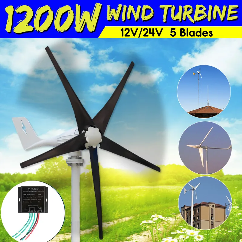 

1200W Wind Turbines+Controller 12V 24V 5 Blade Hybrid Wind Generator Power Windmill Energy Turbines Charge for Home or Camping