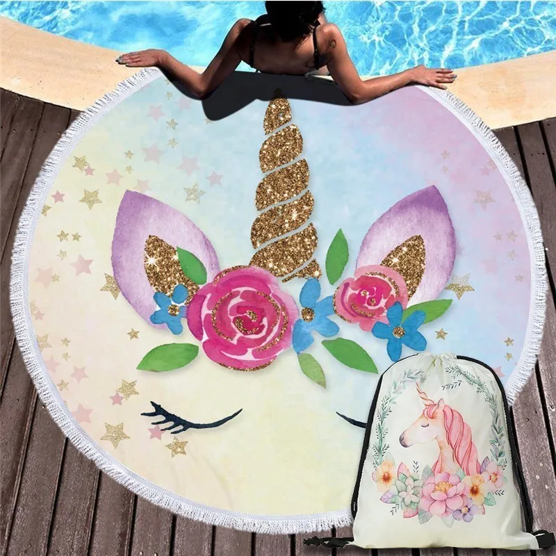

Summer Beach Towel 450g Microfiber 150cm Round Cartoon Unicorn Bath Towel Sports Travel Business Storage Bag Bundle Pocket