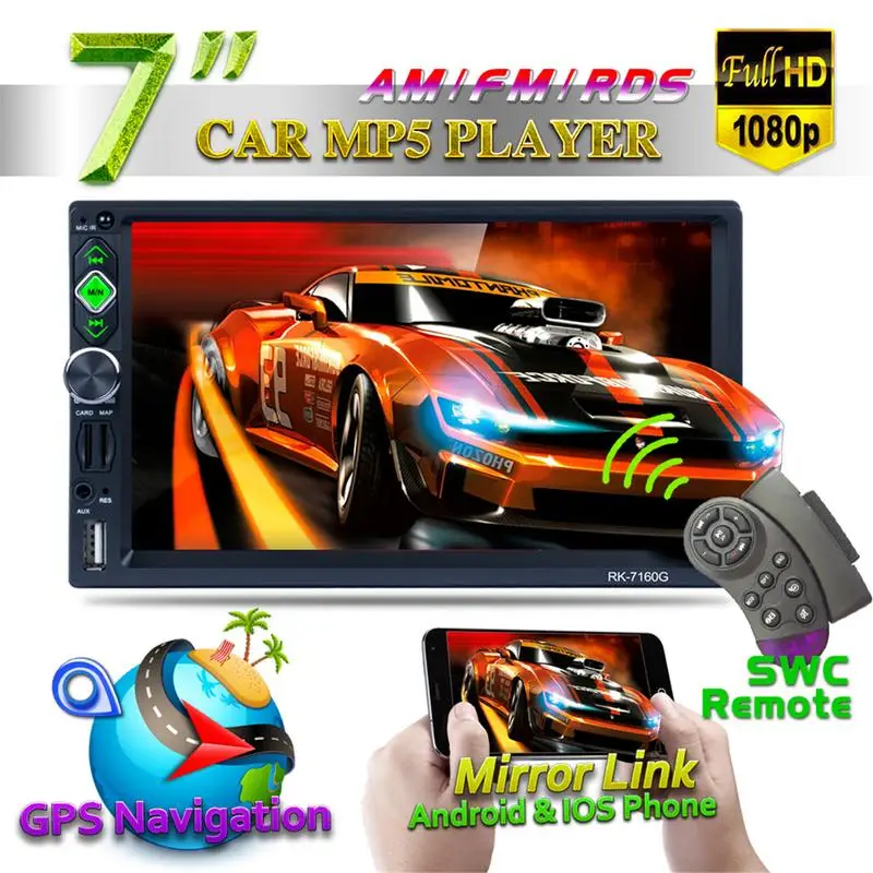 

7-inch Bluetooth Car Navigator MP5 Stereo Audio Player GPS Navigation Reversing Video USB for Android & IOS Mirror Link 7160G